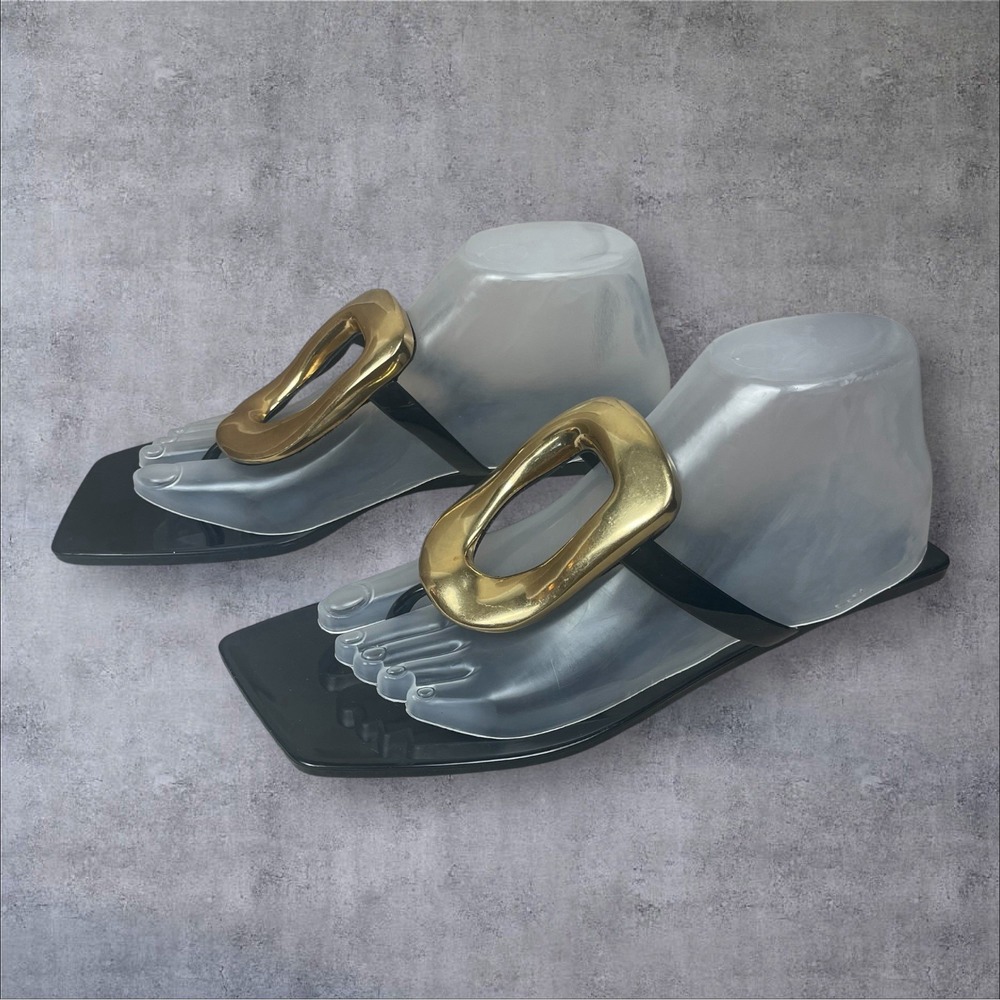 Jeffrey Campbell Black Linques Gold Ring Thong Sandals Womens 8 Flip Flop - Picture 3 of 8